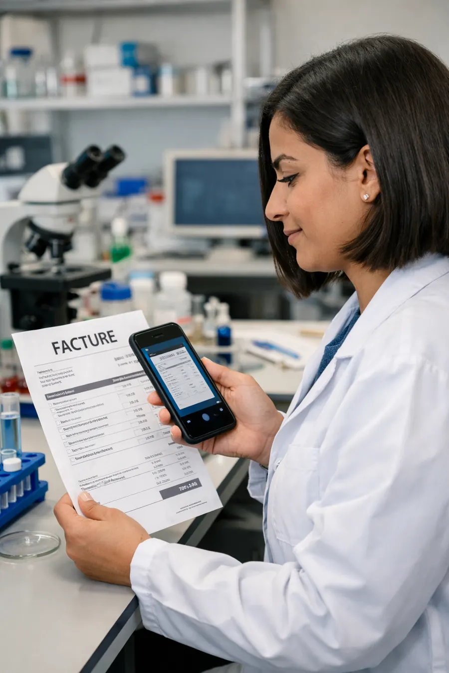 Technicienne de laboratoire scannant une facture avec son smartphone