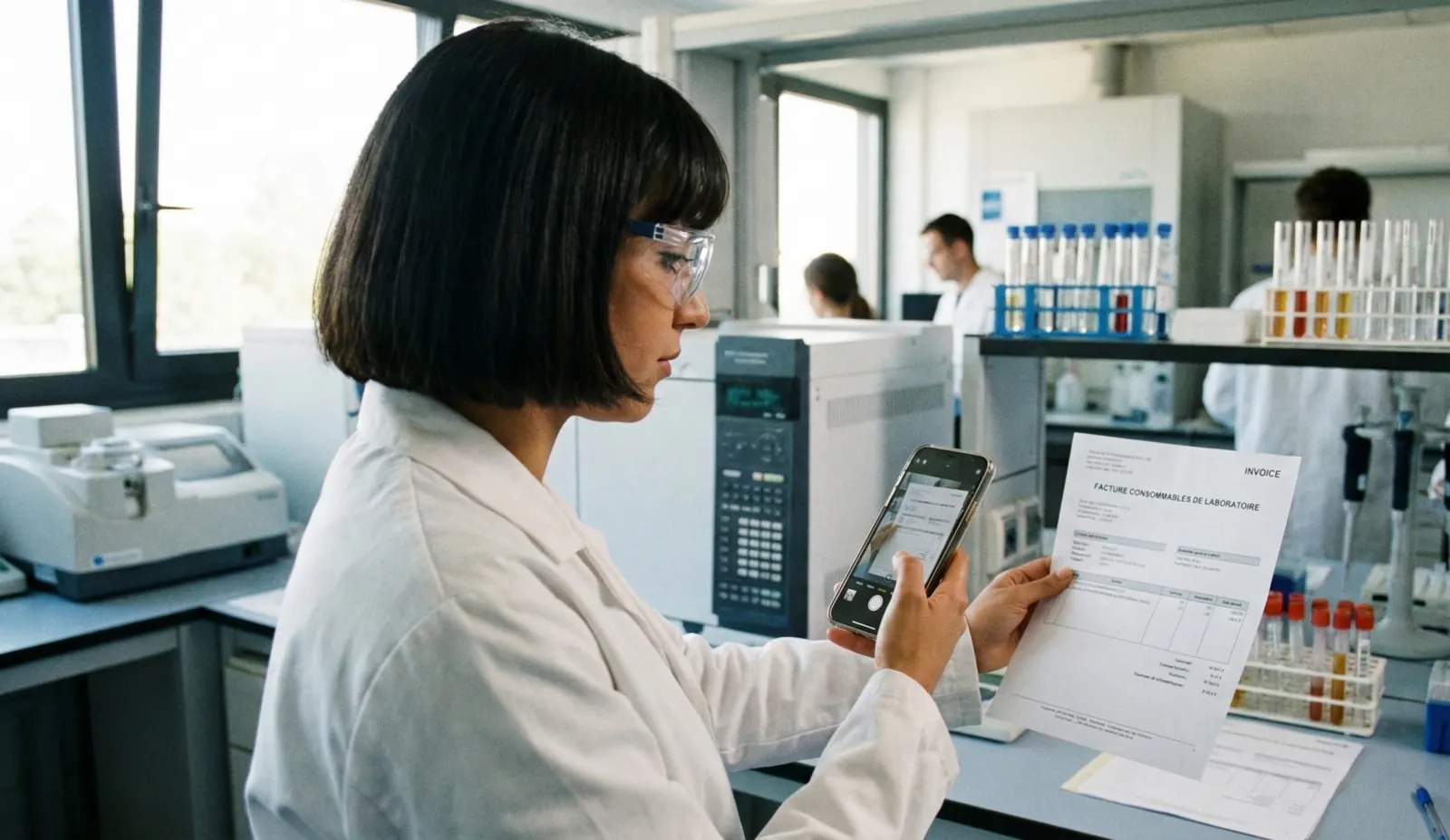 Technicienne de laboratoire scannant une facture avec son smartphone